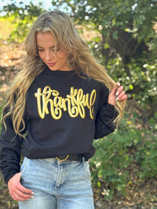 Thankful in Gold Metallic Puff Sweatshirt - Southern Grace Shoppe