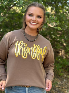 Thankful in Gold Metallic Puff Sweatshirt - Southern Grace Shoppe